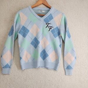 Teddy Fresh Sweater Womens M Pastel Argyle V-Neck Long Sleeve TF Bear Patch